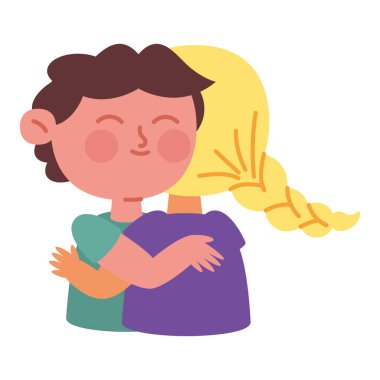 Sevimli kız ve erkek karakterler yalıtılmış şekilde sarılıyorlar.