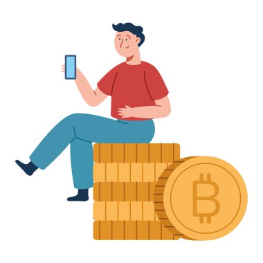 Telefon kullanan bitcoin sahibi bir adam.