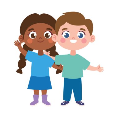 Sevimli kız ve erkek karakterler yalıtılmış şekilde sarılıyorlar.