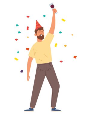 Adam parti şapkası ve konfetiyle kutluyor.