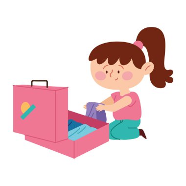 Pembe bavullu ve gülümseyen bir kız resmi.