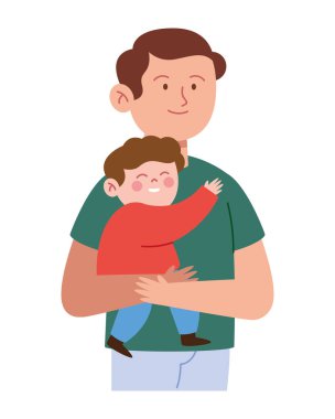 Küçük çocuğunu çizgi film tarzında kucaklayan bir baba.