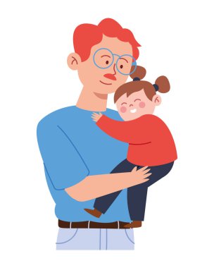 Bir baba küçük kızına çizgi film tarzında özenle ve sevgiyle sarılıyor.