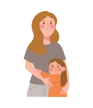 Çizgi film tarzında kızının yanında duran bir anne.