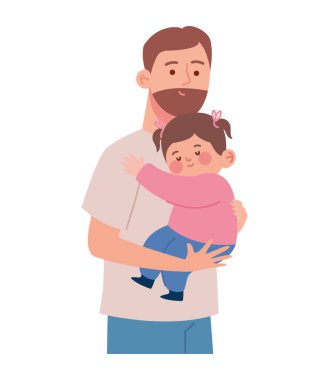 Bir baba bebeğini karikatür tarzında kucaklıyor.