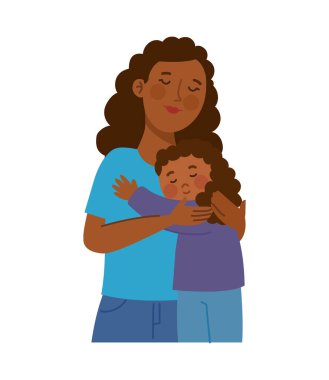 Bir anne, genç kızını çizgi film tarzında nazik ve şefkatli bir şekilde tutar.