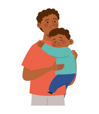 Bir baba ayakta duruyor ve oğlunu çizgi film tarzında sevgiyle kucaklıyor.