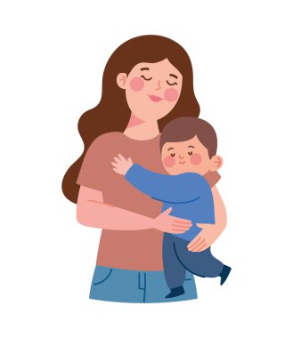 Bir anne bebeğini karikatür tarzında kucaklıyor.