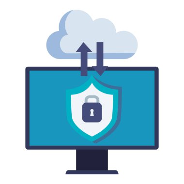 Karikatür tarzında veri korumasını temsil eden kilitli bir bulut güvenlik simgesi