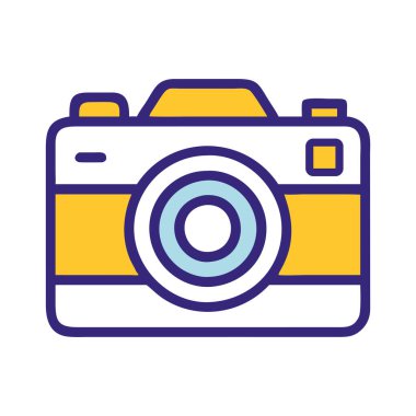 Çizgi film tarzında seyahat fotoğrafçılığını temsil eden sarı ve mavi bir kamera simgesi