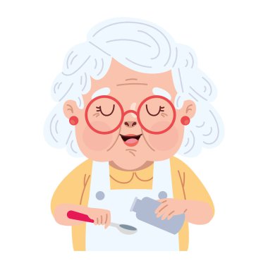 Kaşıkla yemek yapan yaşlı bir kadın.