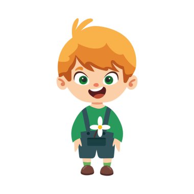 Mutlu çocuk yalnız başına bahar kıyafeti giyiyor.