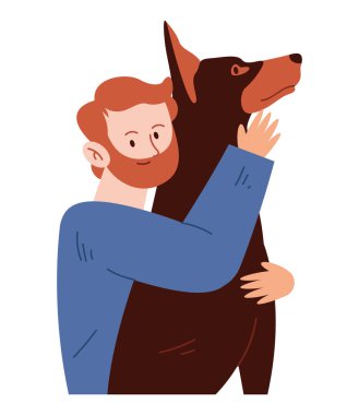 Mutlu genç adam koruyucu dobermanını sevgiyle kucaklıyor.