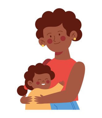 Genç kızını çizgi film tarzında şefkatli bir şekilde kucaklayan bir anne.