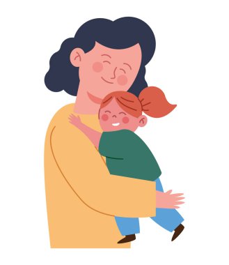 Bir anne bebeğini çizgi film tarzında rahat ve sevgi dolu bir şekilde kucağına alır.