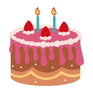 Düz dizayn meyveli kek ve mumlar izole edilmiş vektör çizimi