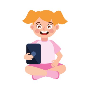 Düz dizayn gülümseyen kız elinde tablet izole vektör çizimi tutuyor.