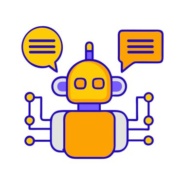 Konuşma baloncuklu robot sohbet robotu yapay zeka yardımını temsil ediyor.