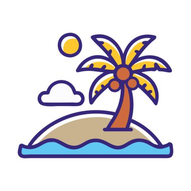 Gün batımında rahatlamayı ve seyahati temsil eden manzaralı bir tropik ada.