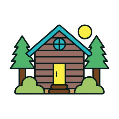 Ağaçlar ve dağlarla çevrili büyüleyici bir ahşap kulübe.