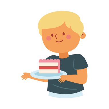 Dilimlenmiş pasta yiyen çocuk eğlenceli yemeğin tadını çıkarıyor