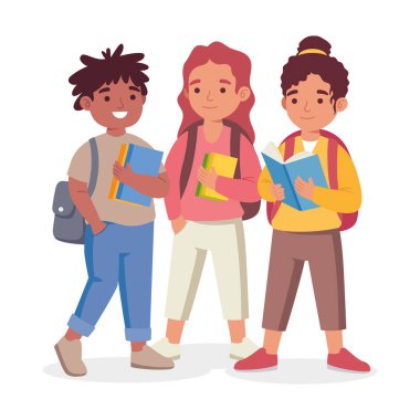 Okul için sırt çantalı çeşitli öğrenciler