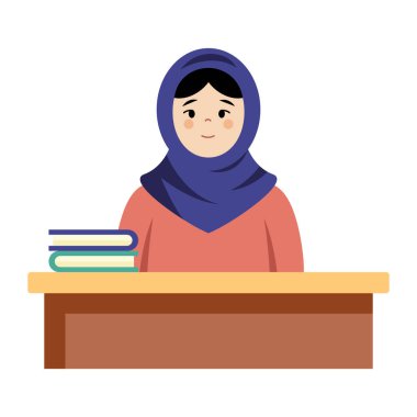 Başörtülü Müslüman Öğrenci masada oturuyor