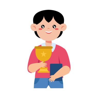 Elinde kupa ve kitap tutan en iyi öğrenci.