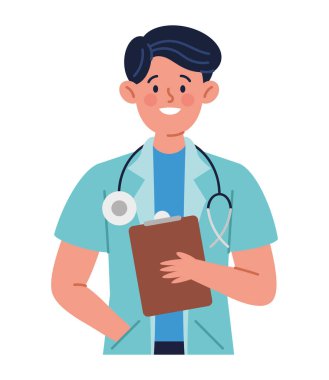 Steteskoplu hemşire öğrenci erkek karakter.