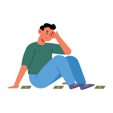 Kaybedilen Paralı Adam Oturur Üzgün Para Düşürme Kırık Ekonomik Depresyon Problemi Çizgi Film Doları İllüstrasyonu