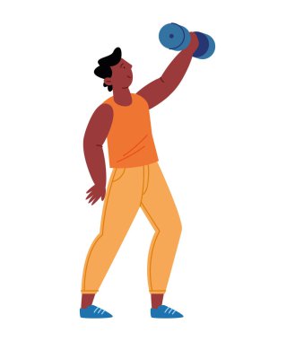 Jimnastik eğitmeninin kaldırdığı Dumbbell Fitness Kuvveti Koç Çizgi Film Poz Karakteri Atletik Enerji Eğitimi