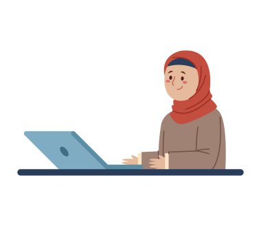 Müslüman Bayan Öğretmen Çevrimiçi Laptop Eğitim Başı Eğitimi Öğrenme Masası Sanal Sınıfı
