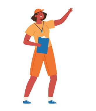 Jimnastik hocası Spor Eğitmeni Kadın Poz Panosu Çizgi Film koçu Eğitim Sporu Enerjisi Etkin Karakteri