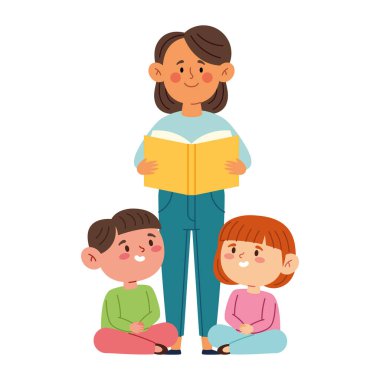 Anaokulu öğretmeninin çocuklarla okuması Oturan Eğitim Sınıfı Kitap Öğrenme Destek Grubu İllüstrasyonu