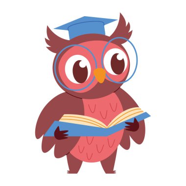 Baykuş Öğretmeni Kitap Okuma Gözlüğü Akıllı Mezuniyet Çizgi Filmi Bilge Okul Öğrenme Karakteri