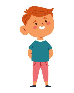 Anaokulu öğrencisi ayakta duran çocuk. Gülümseyen karakterler okul kitapları okuyor. Çizgi roman okuyor.