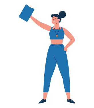 Jimnastik öğretmeni kadın kitap tutuyor spor eğitmeni aktif poz verme enerjisi çizgi film sağlık eğitmeni