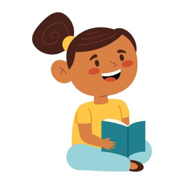 Anaokulunda oturan kız kitap okuyor Mutlu Sınıflar Çizgi Film Öğrenme Okulu