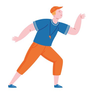 Beden Eğitimi öğretmeni Spor Koçu Aktif Poz Karakteri Enerji Islık Hareketi Çizgi Film Eğitmeni