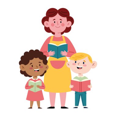 Çocuklu anaokulu öğretmeni Eğitim Kitabı okuyor Mutlu Sınıf Karakteri Öğrenme Çizimlerini Destekliyor