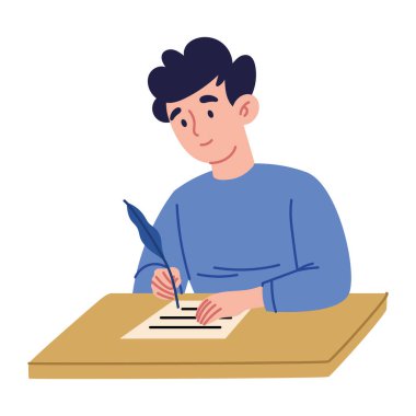 Blue Quill yaratıcı eskiziyle yazan çocuk.