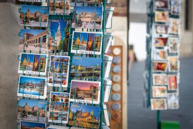 june 26 2019 Seville, Spain : souvenir postcard sales in Seville, Spain clipart