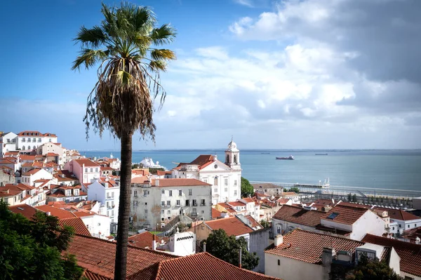 stock image Famous view of Lisbon city with Tage river and Alfama district