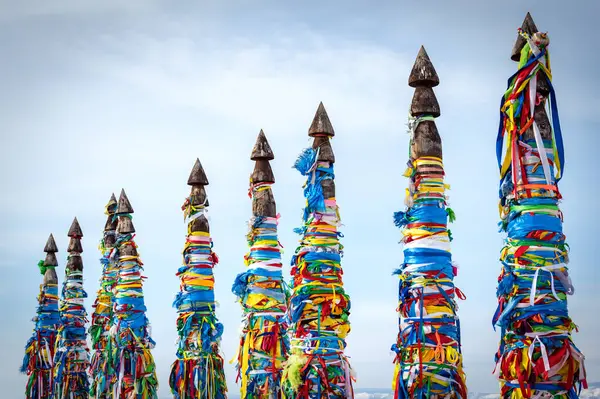 Sacred Pillars Tied Ribbons Cape Burhan Olkhon Island Buryat Traditions — Stock Photo, Image