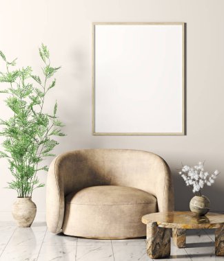 Oturma odasının içinde kahve sehpası ve bej kumaş koltuğu var. Duvarında da poster var. Ev tasarımı. 3d oluşturma