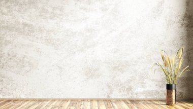 Boş oda içi arka plan, beyaz gri sıva ya da beton kaplama duvar. Tahta döşeme. Çimenli dekoratif bakır vazo. Ev yapımı tasarım. 3d oluşturma