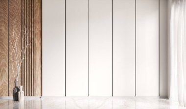 Boş oda içi arka plan, beyaz paneller duvar gibi. Tahta kaplama ve mermer döşeme. Beyaz dallı dekoratif vazolar. Ev yapımı tasarım. Pencere ve perde. 3d oluşturma