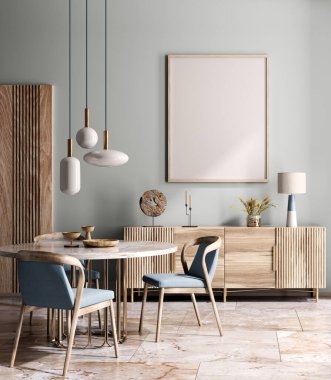 Modern yemek odası ya da oturma odası, mermer masa ve sandalyelerin iç tasarımı. Mavi duvarın üzerinde ahşap büfe. Kolye ışığıyla iç mekan. 3d oluşturma