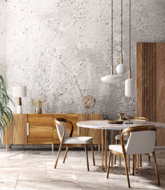 Modern yemek odası ya da oturma odası, mermer masa ve sandalyelerin iç tasarımı. Ahşap büfe, grunge beton sıva duvarın üstünde. Kolye ışığıyla iç mekan. 3d oluşturma
