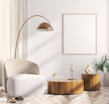 Oturma odasının içinde kahve sehpası ve beyaz bej kumaş koltuk, duvarda sahte poster, perdeyle kaplı pencere. Ev tasarımı. 3d oluşturma